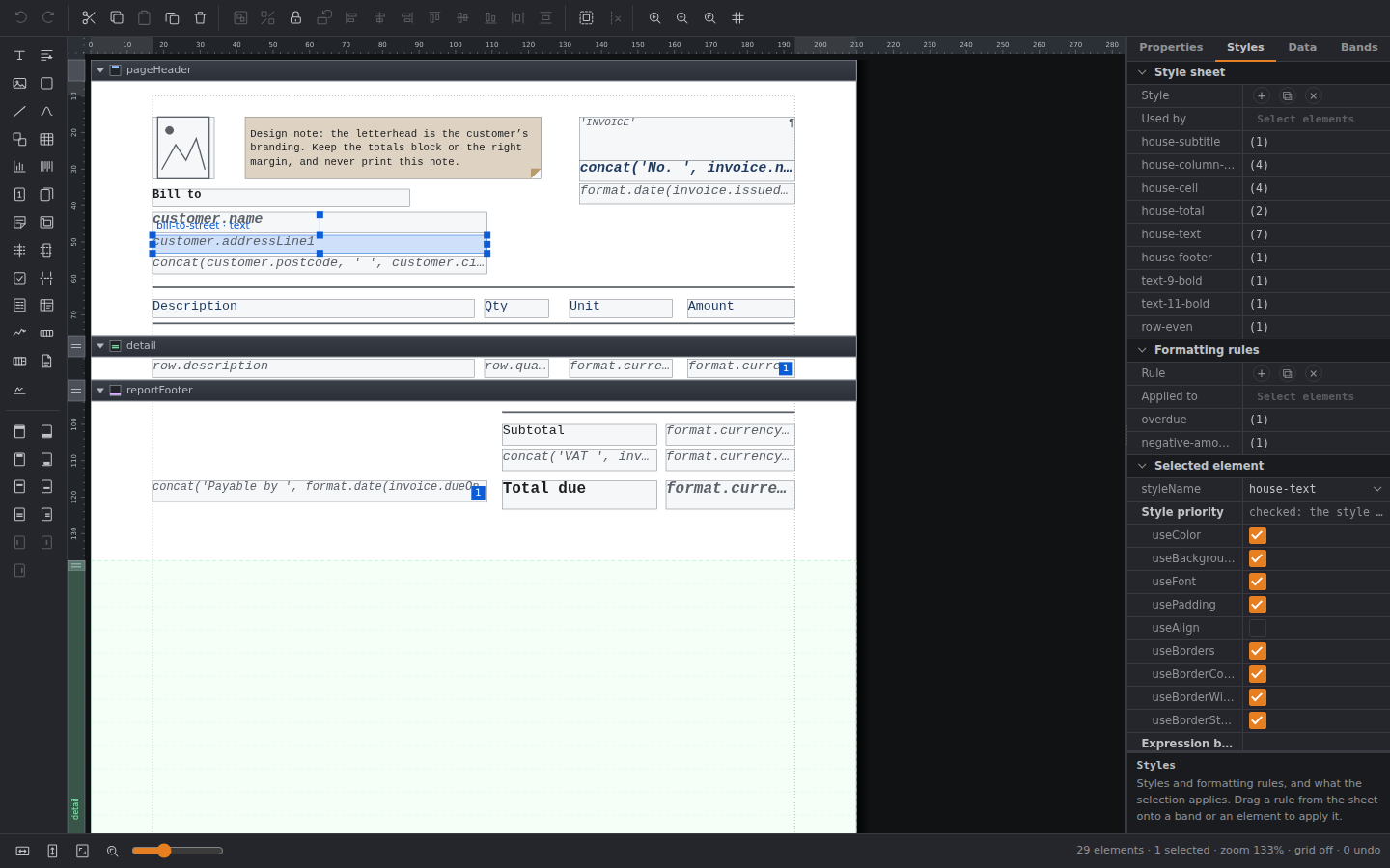 The report designer in dark mode, Styles tab