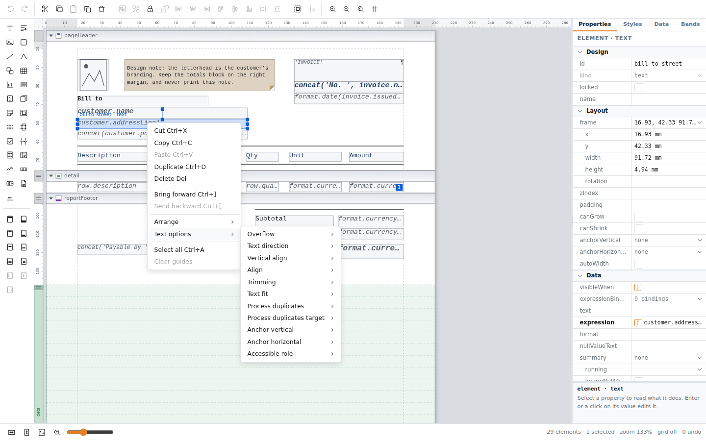 The context menu of the report designer with a flyout