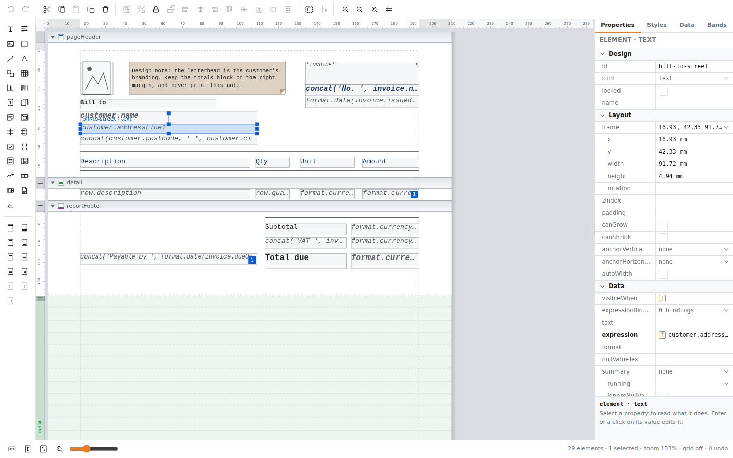 The report designer in light mode with an invoice open and the property grid showing