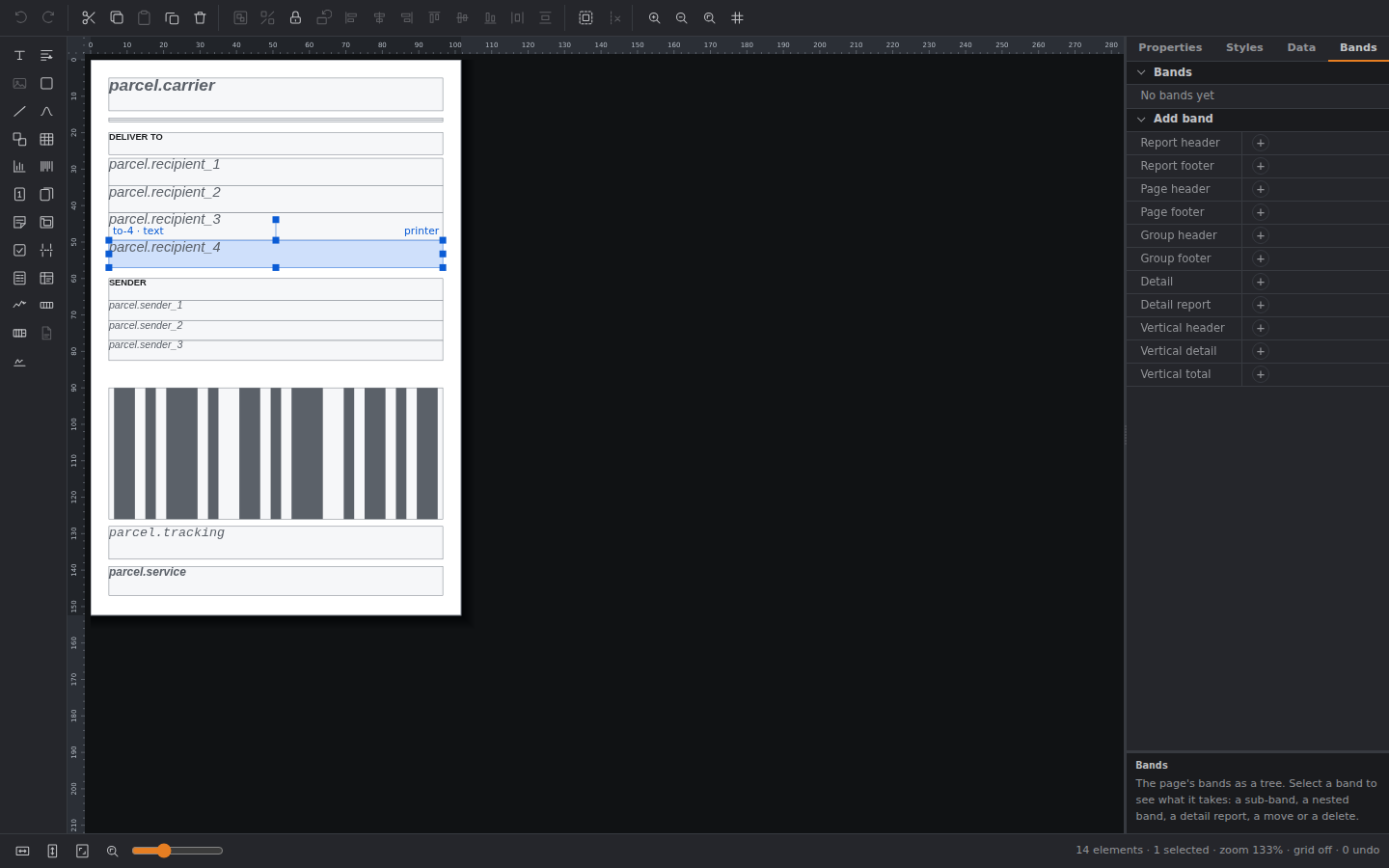 The label designer in dark mode with a DYMO shipping label open